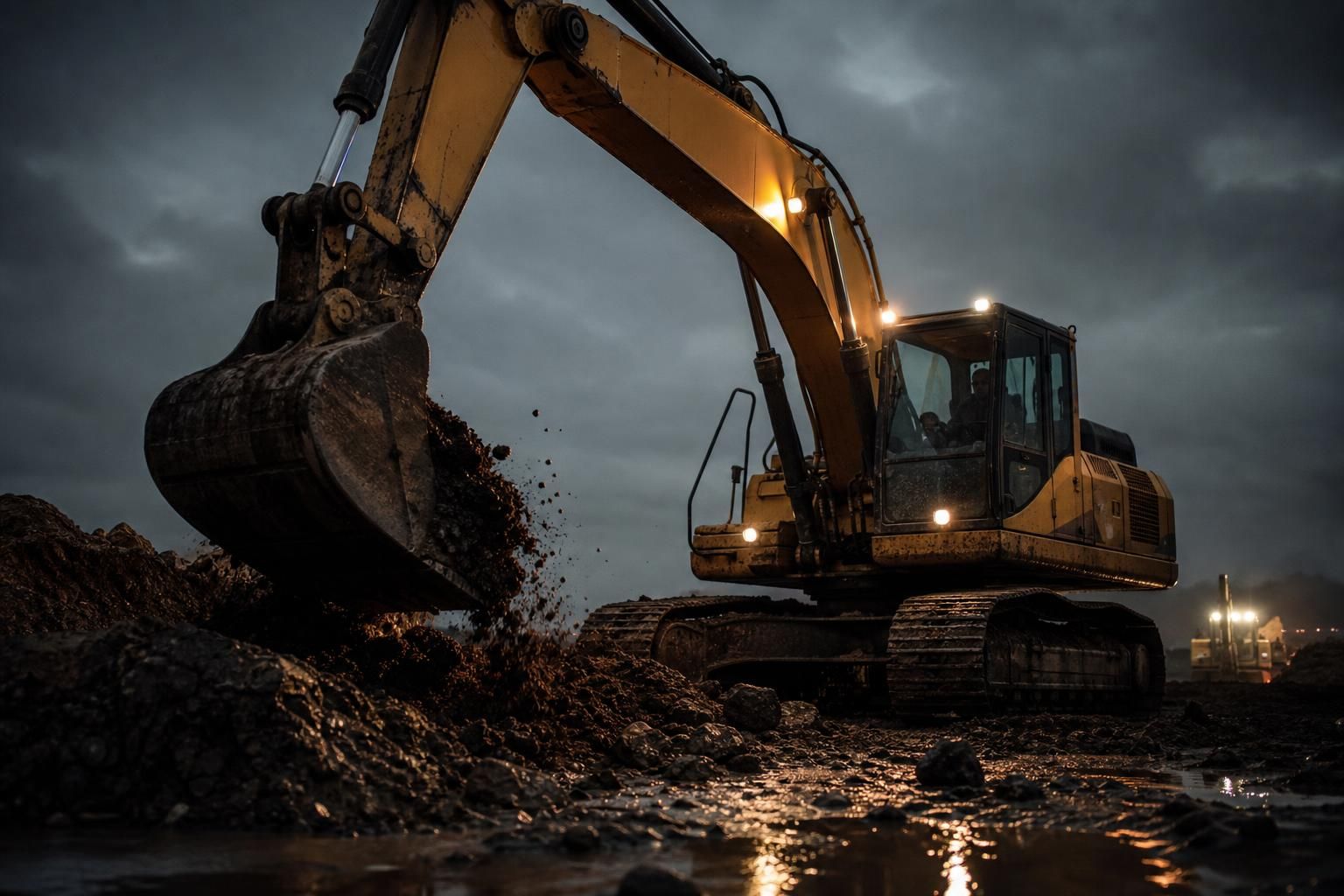Excavator digging and moving dirt on an excavation project
